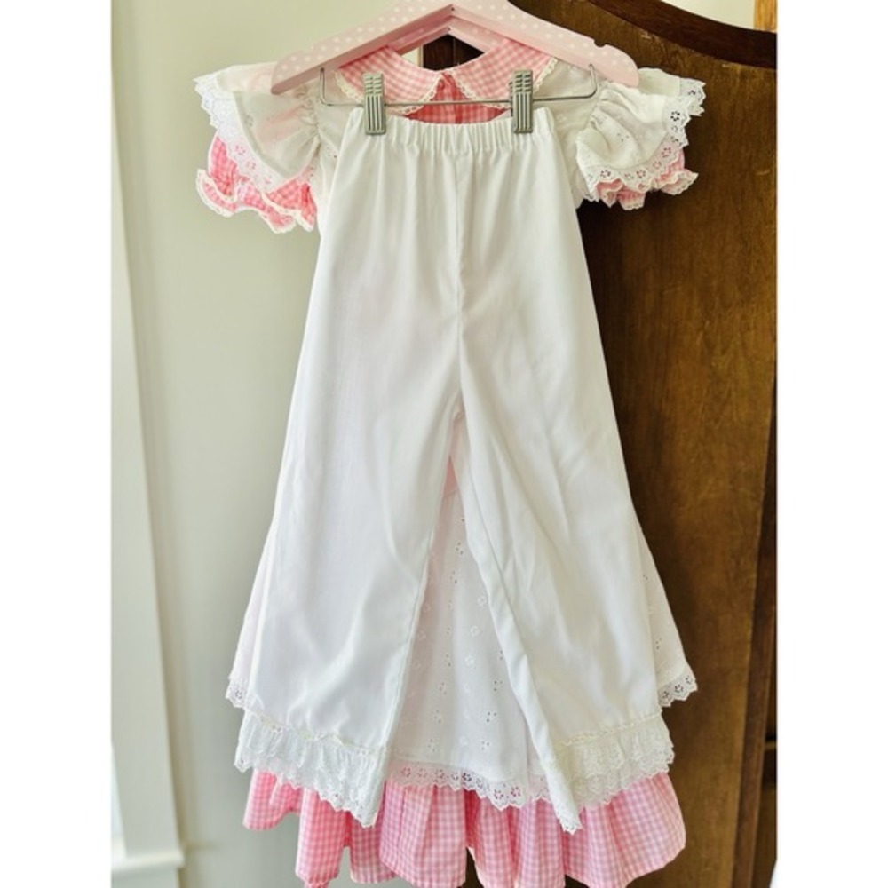 Vintage Handmade Easter Pinafore W/ Bloomers 3 Pc Dress Girls 6-8 Pink Gingham - Picture 10 of 16